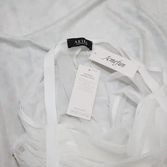 Akira White Sheer Floral Beaded Appliques Halter Maxi Tulle Dress Size Small - Picture 5 of 13